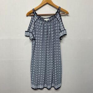 Max Studio Women Cold Shoulder Sleeve Dress Size Large Blue Geometric B354 -1